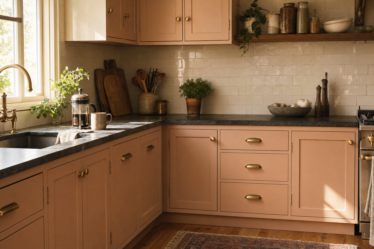 Pink by Benjamin Moore on cabinets