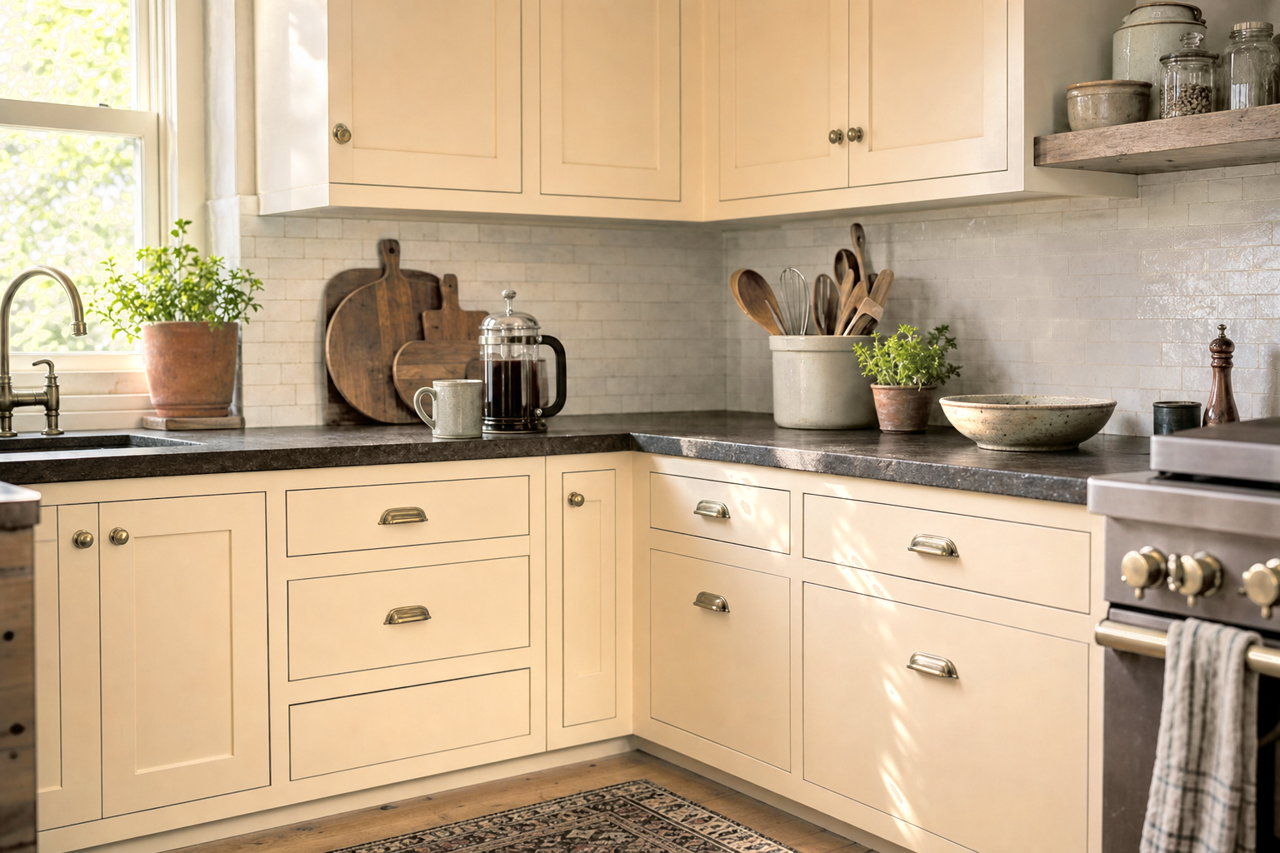 Moccasin by Benjamin Moore on cabinets