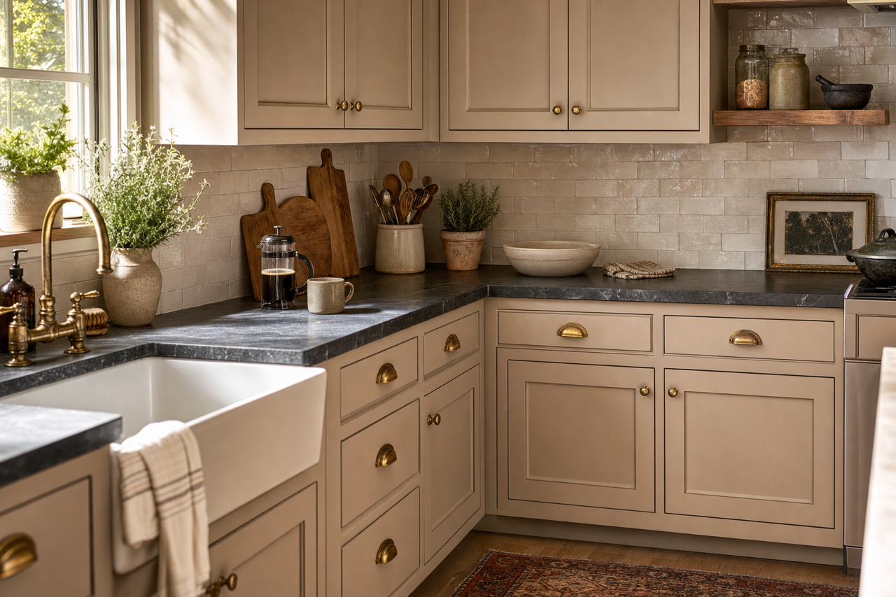 Cobblestone by Benjamin Moore on cabinets