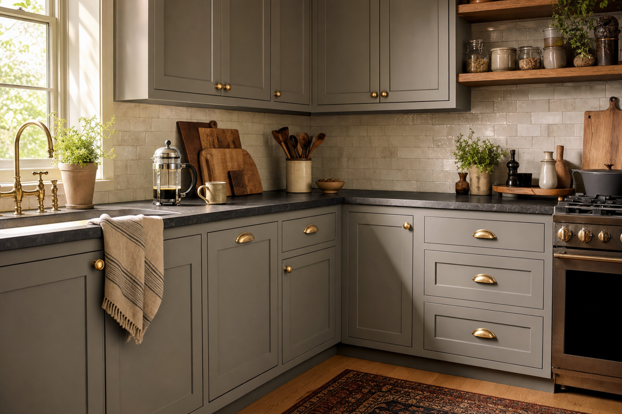 Asphalt by Benjamin Moore on cabinets