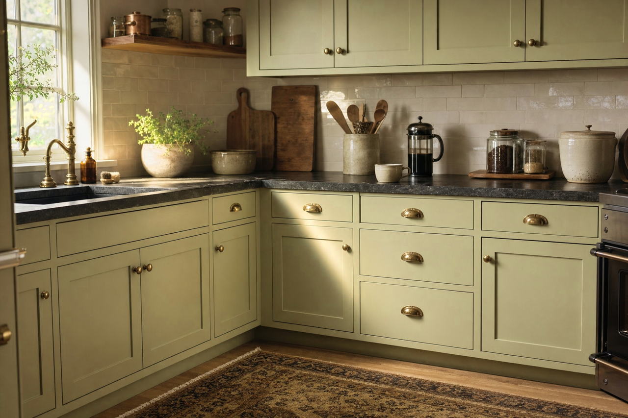 Grasslands by Benjamin Moore on cabinets