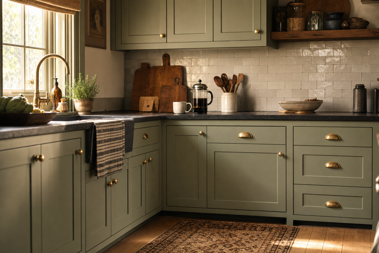 Mossy by Benjamin Moore on cabinets