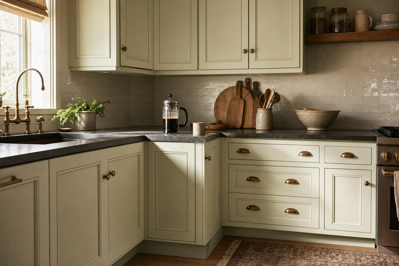 Dewdrop by Benjamin Moore on cabinets