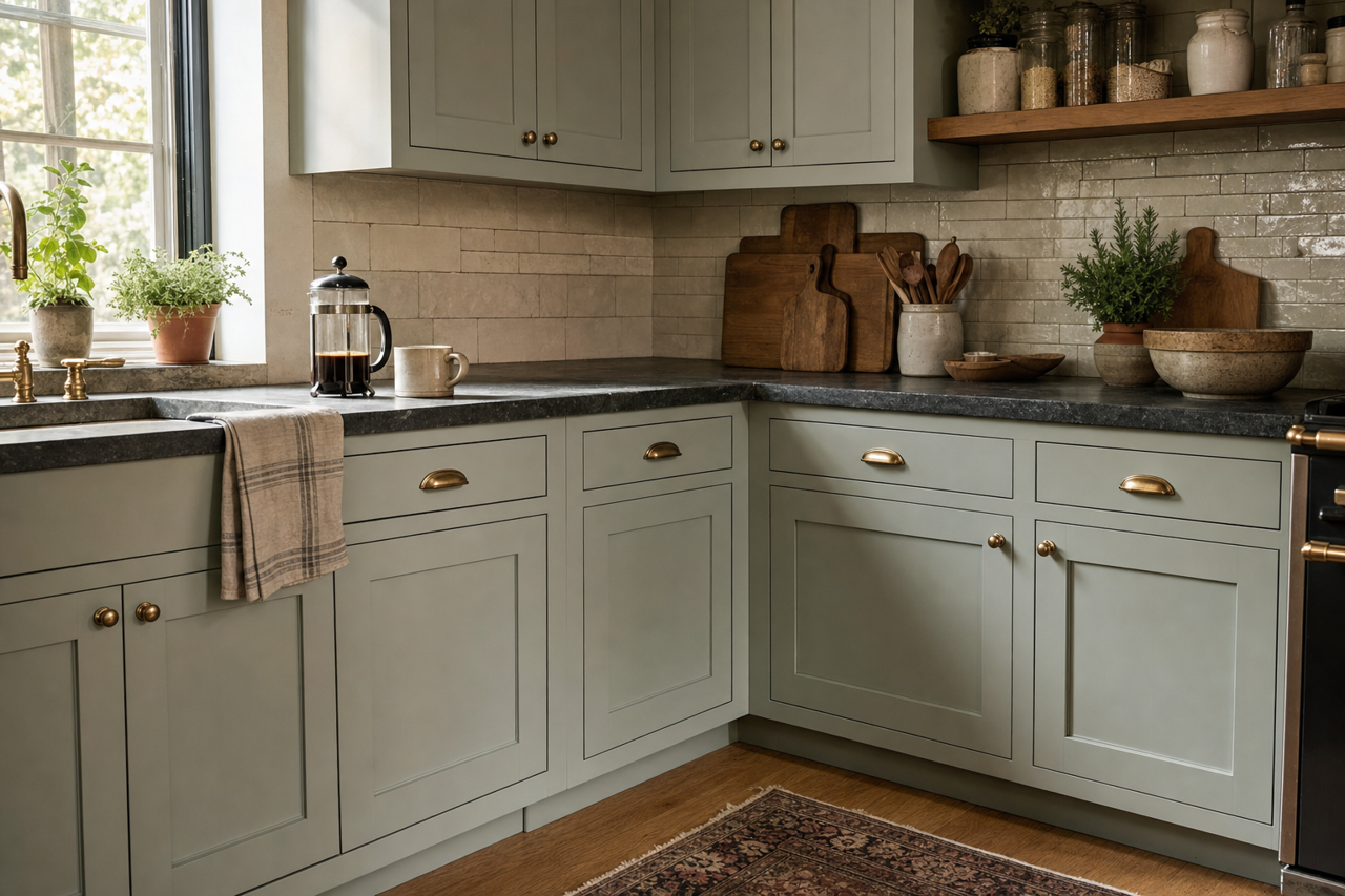 Raindance by Benjamin Moore on cabinets
