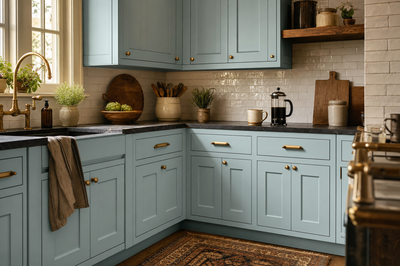 Blue by Benjamin Moore on cabinets