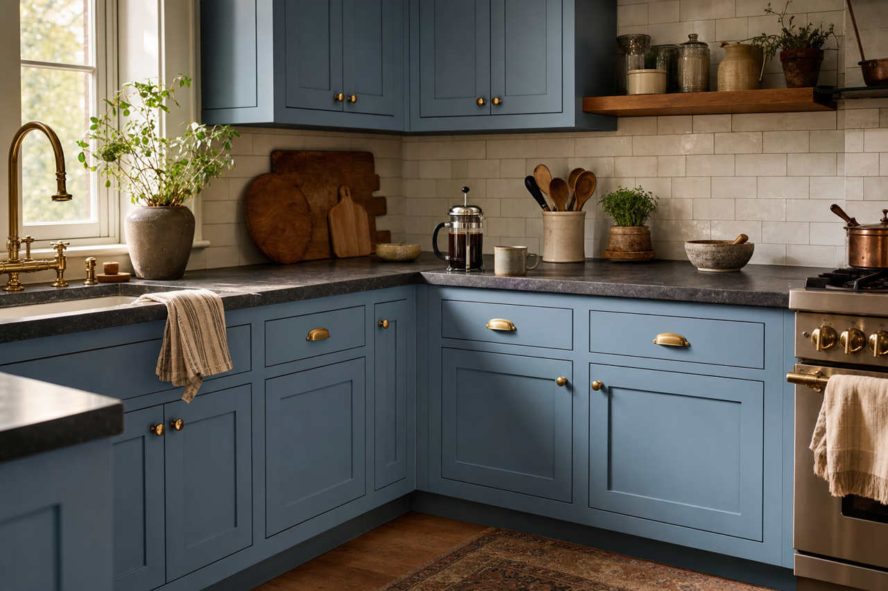 Blue by Benjamin Moore on cabinets