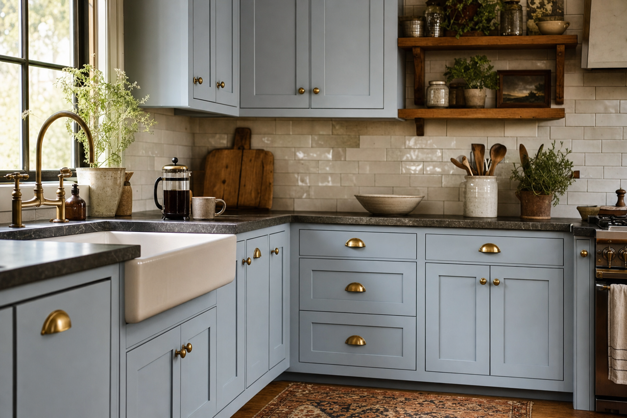 Athabasca by Benjamin Moore on cabinets