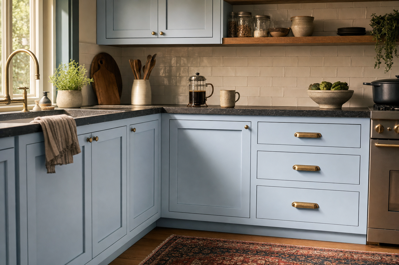 Blue by Benjamin Moore on cabinets