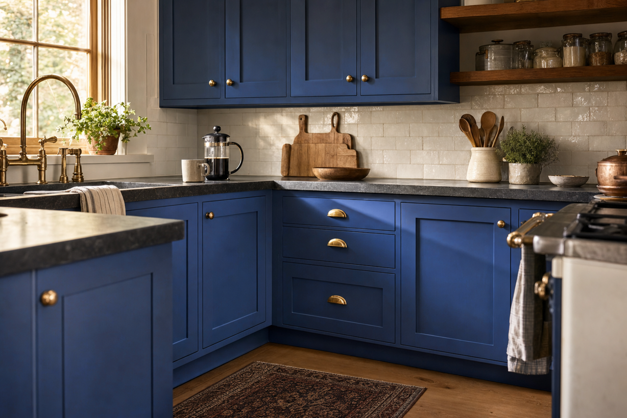 Delphinium by Benjamin Moore on cabinets