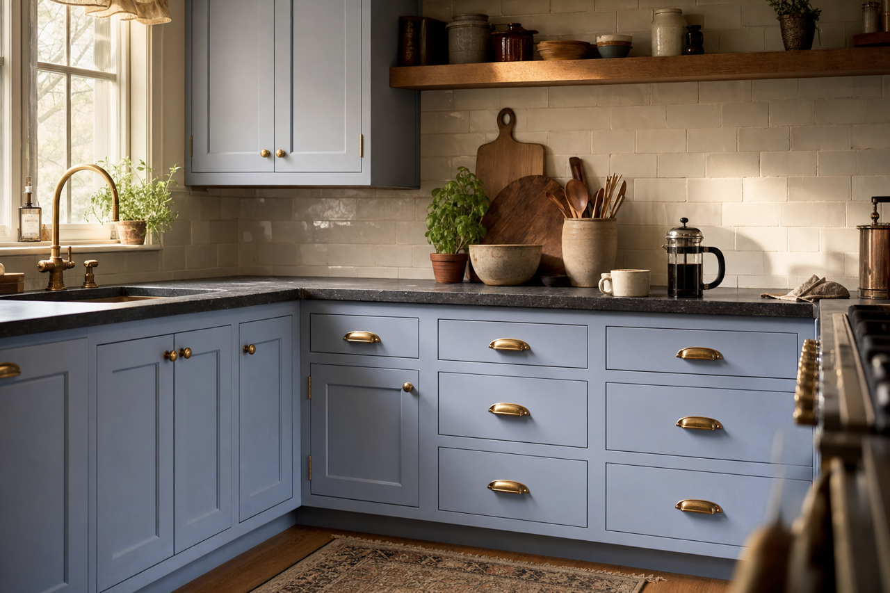 Blue by Benjamin Moore on cabinets