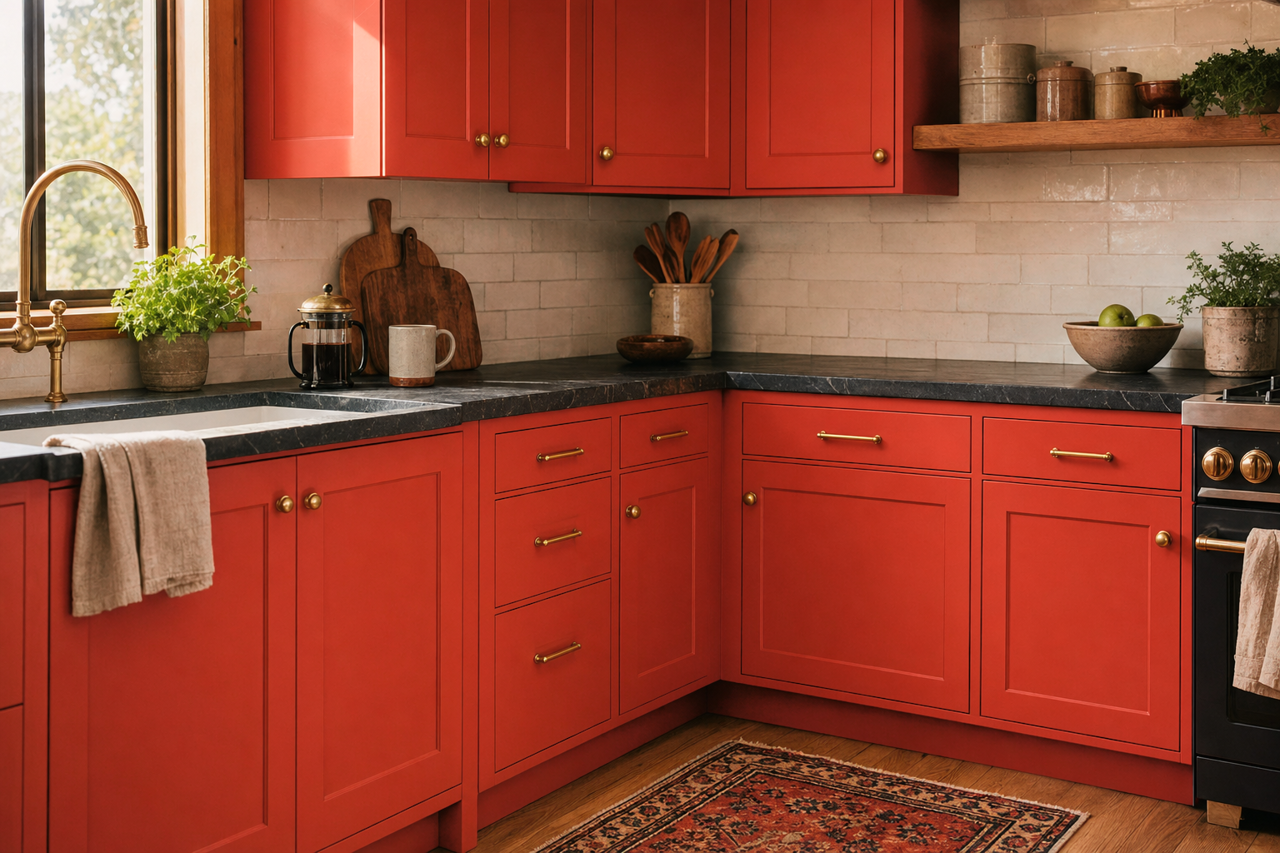 Tomato by Benjamin Moore on cabinets