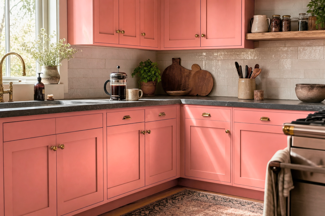 Pink by Benjamin Moore on cabinets