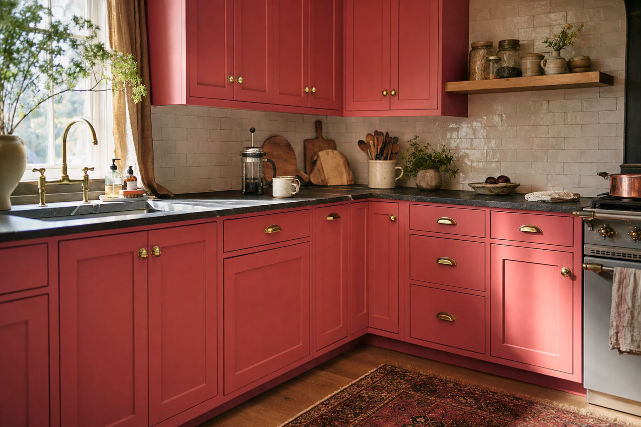 Embroidered by Benjamin Moore on cabinets