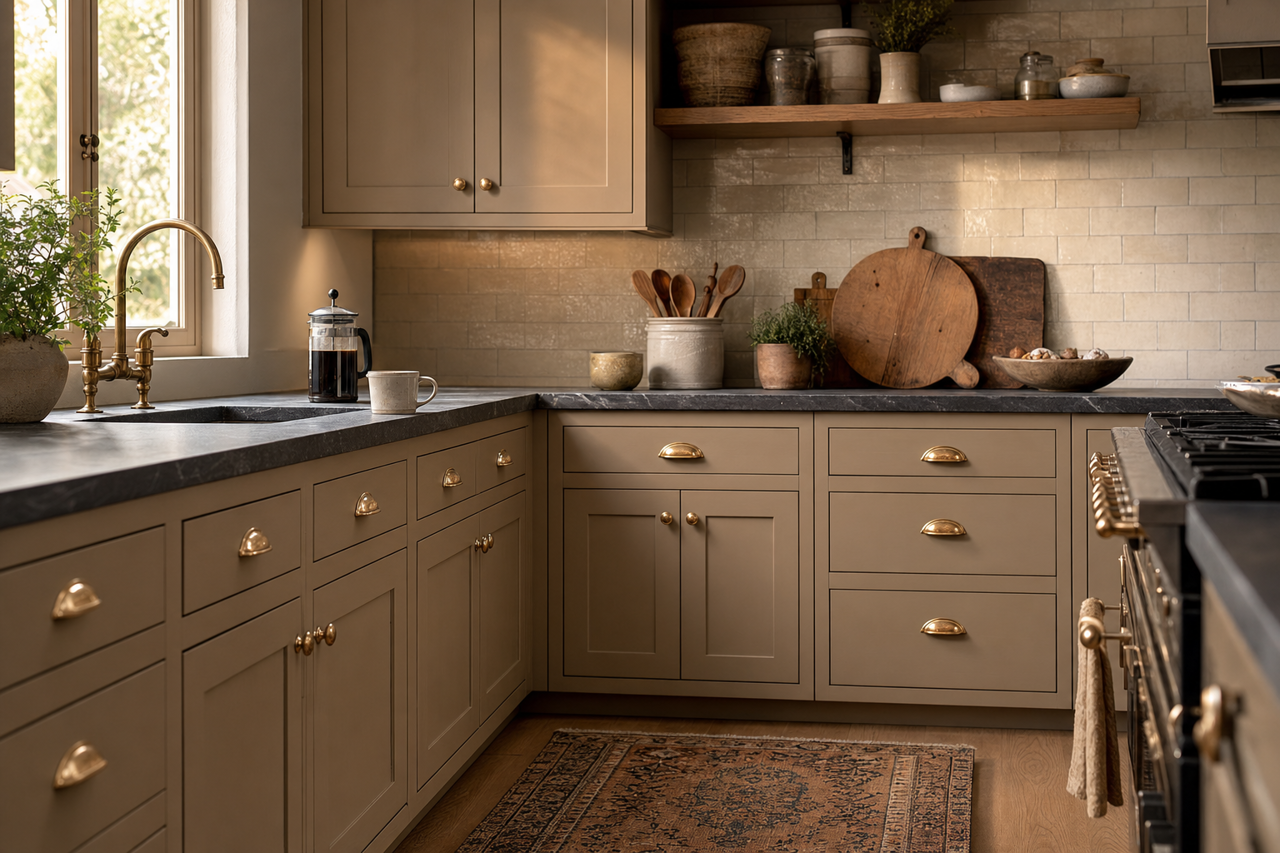 Taupe by Benjamin Moore on cabinets
