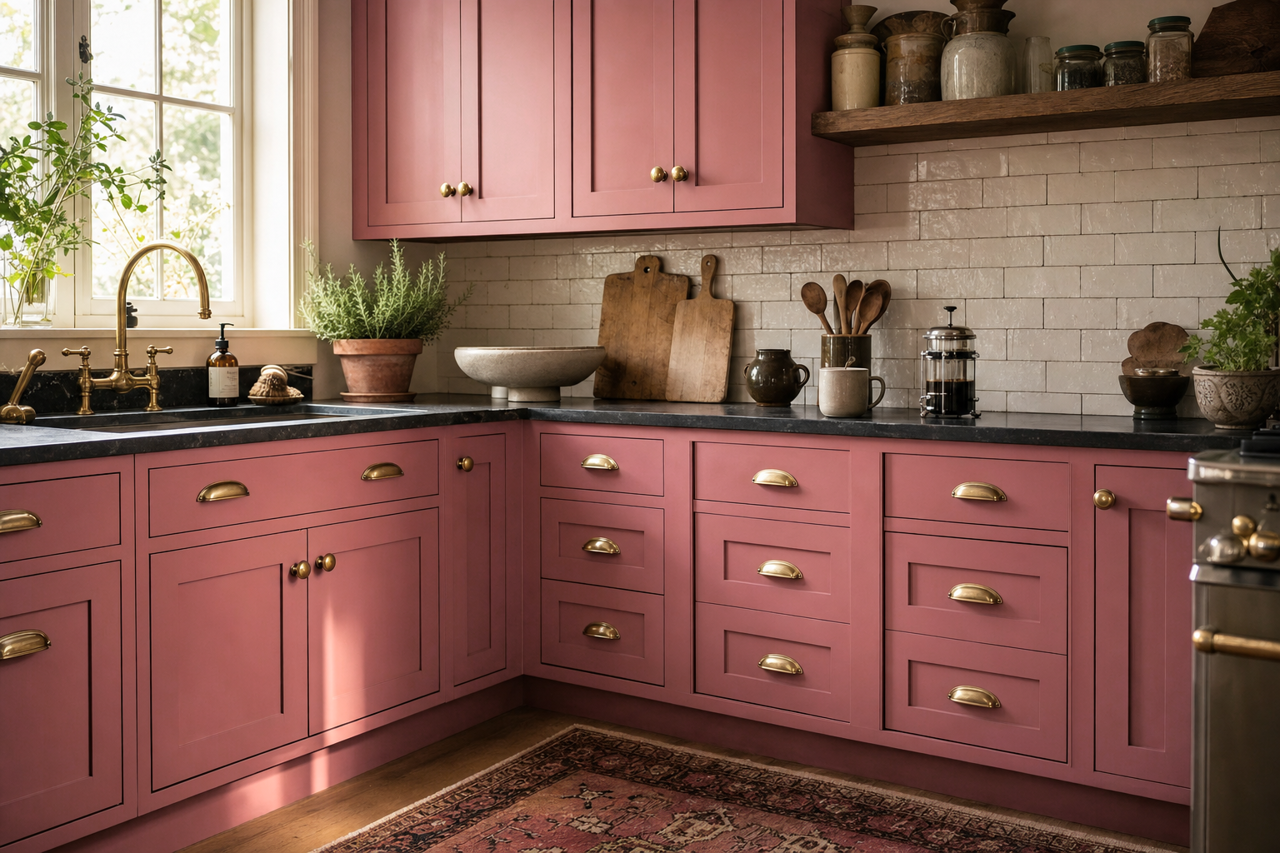 Raspberry by Benjamin Moore on cabinets
