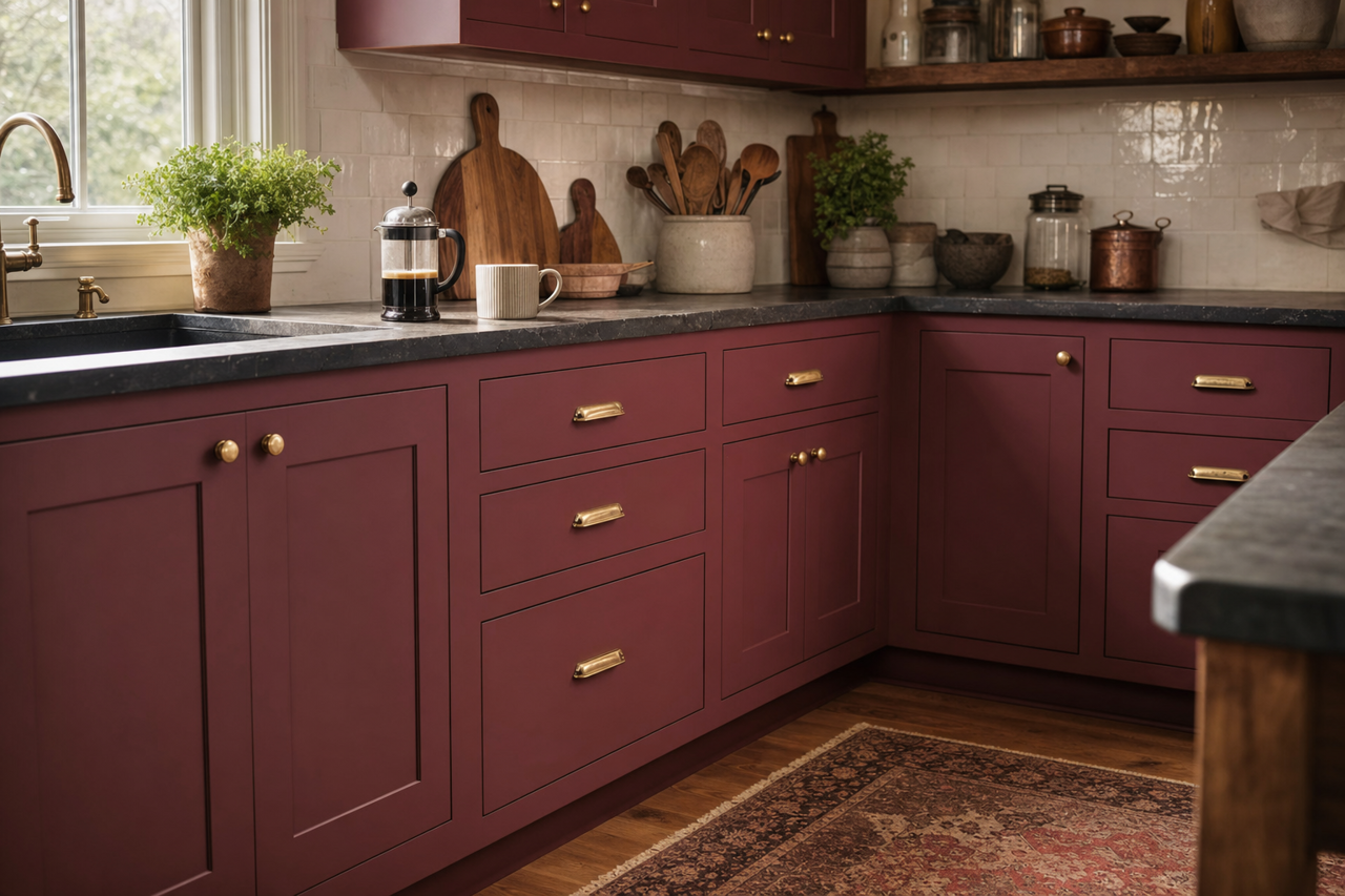 Cascabel by Benjamin Moore on cabinets