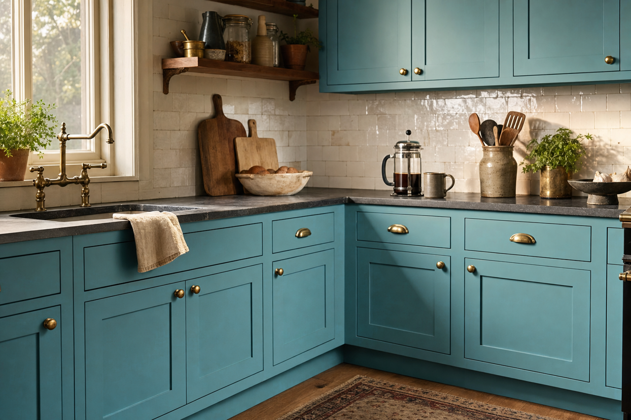Spa by Benjamin Moore on cabinets