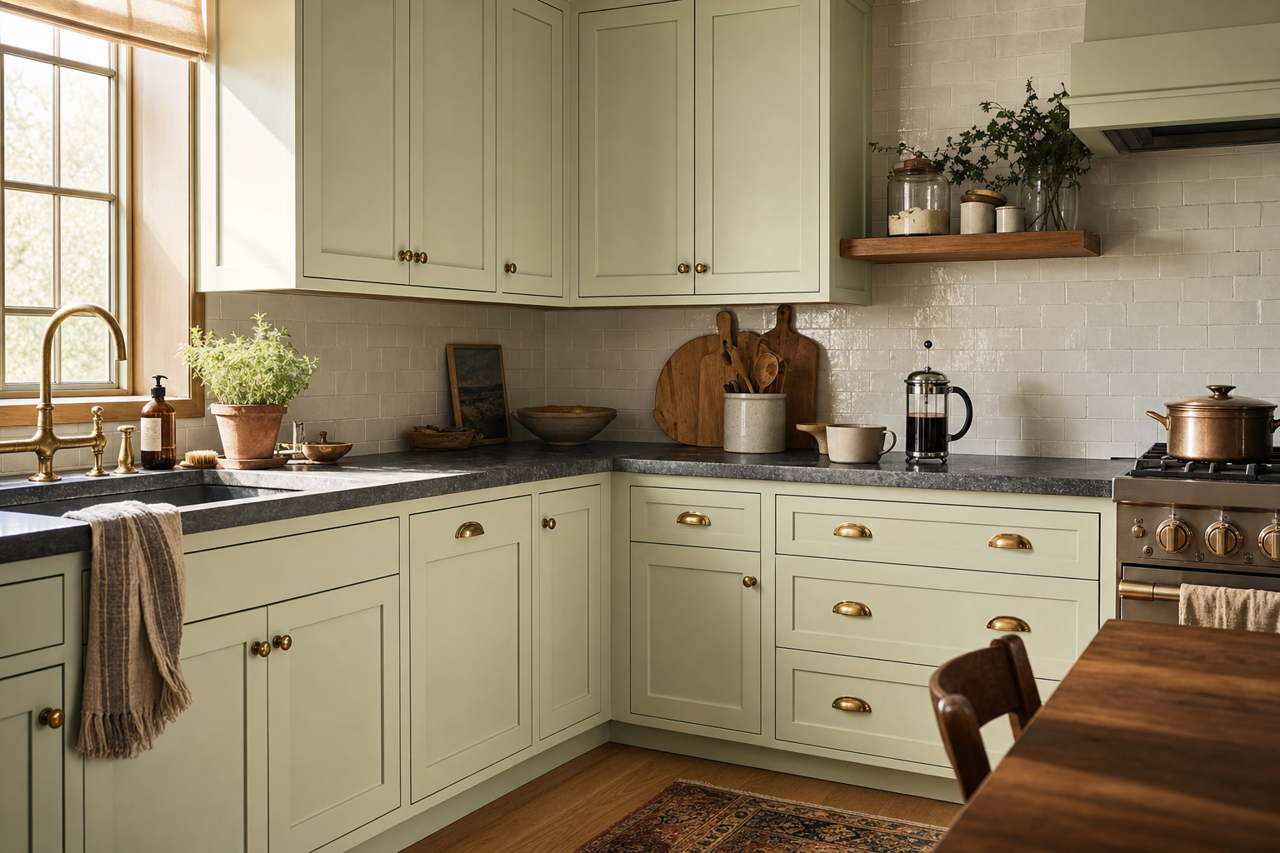 Sagebrush by Benjamin Moore on cabinets