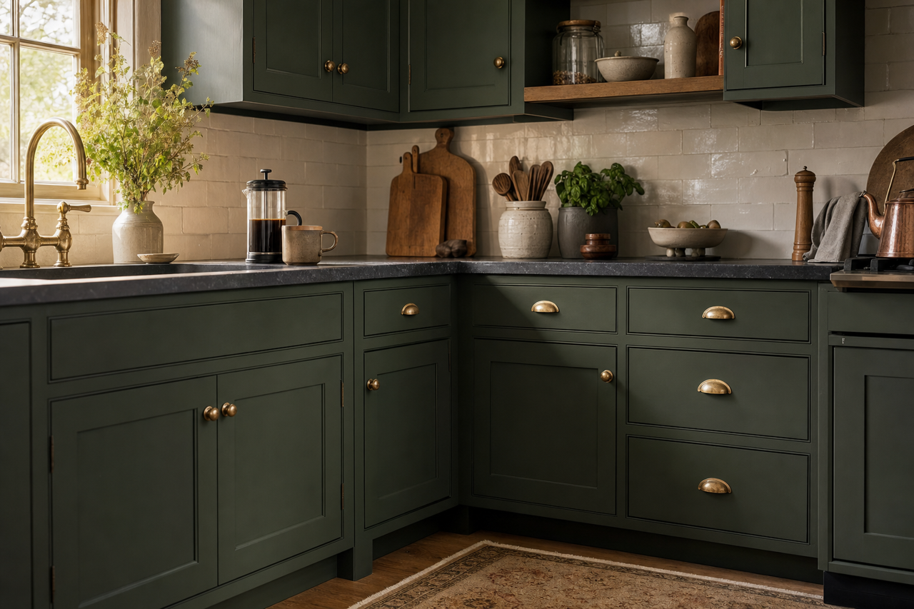Chimichurri by Benjamin Moore on cabinets