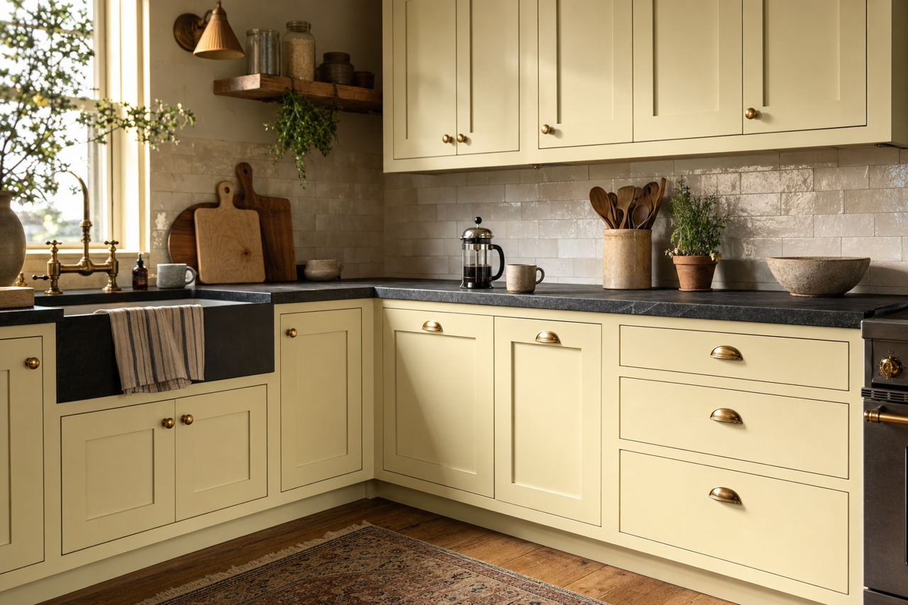 Pistachio by Benjamin Moore on cabinets