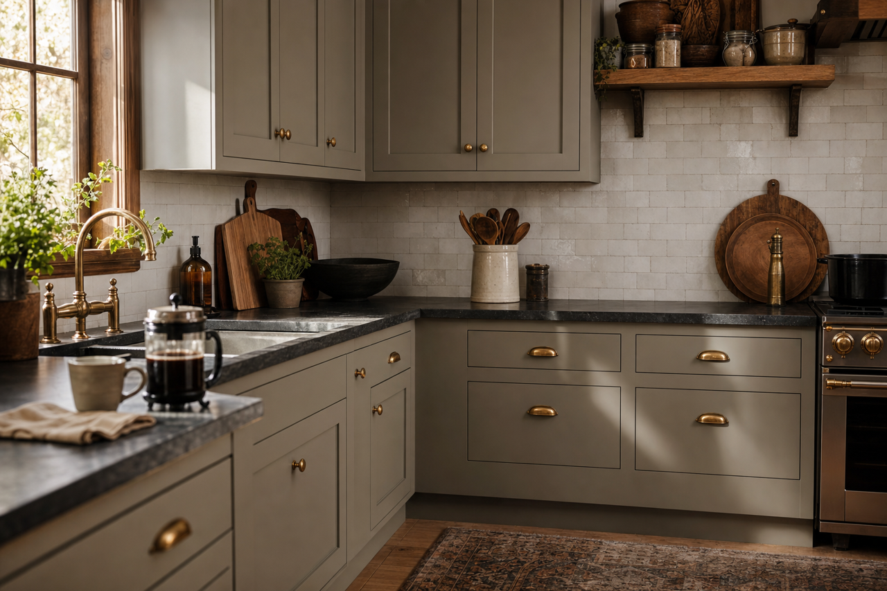 Tweed by Benjamin Moore on cabinets