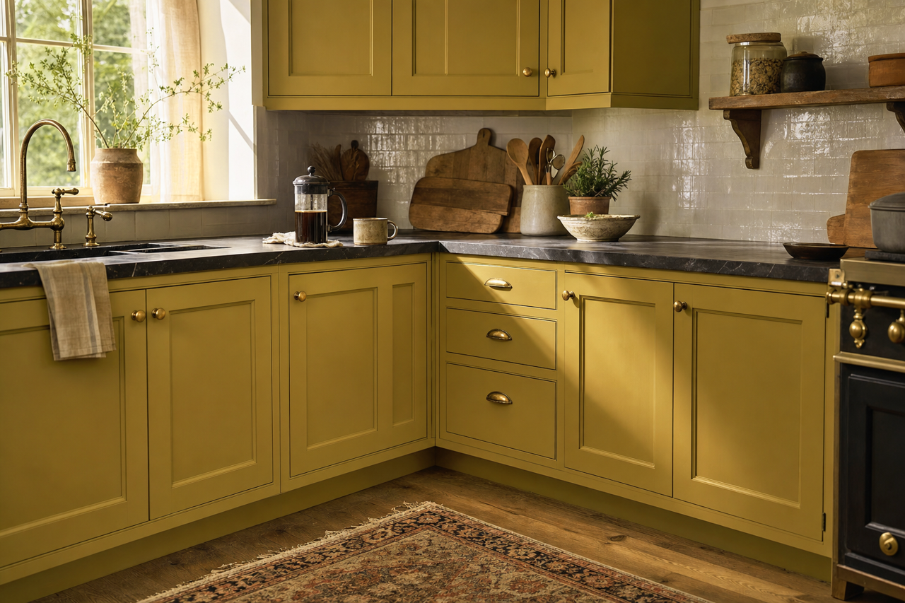 Dragonwell by Benjamin Moore on cabinets