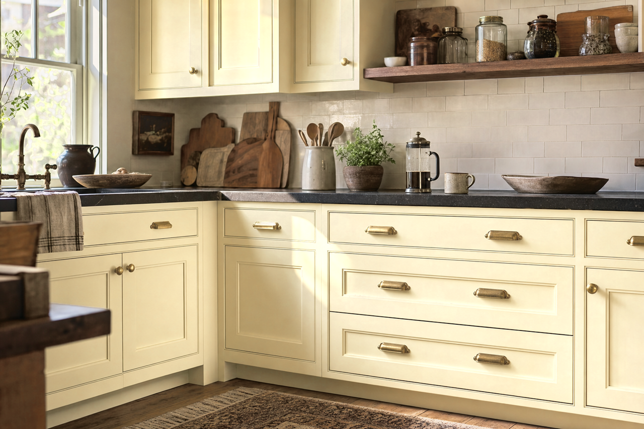 Butter by Benjamin Moore on cabinets