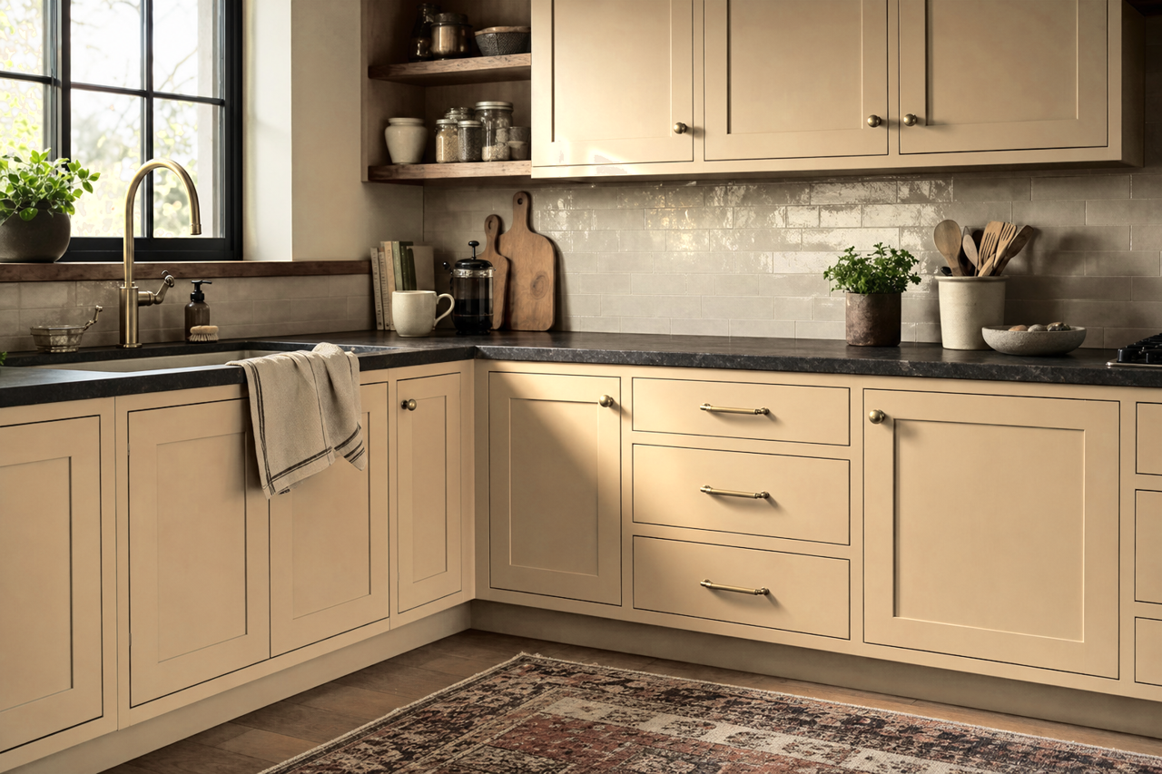 Bracken by Benjamin Moore on cabinets