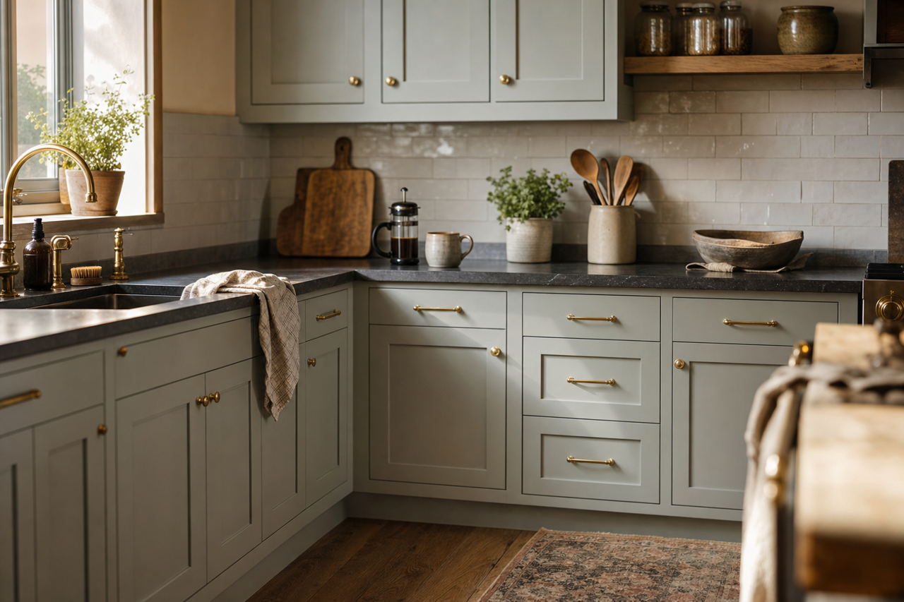 Pearl by Benjamin Moore on cabinets