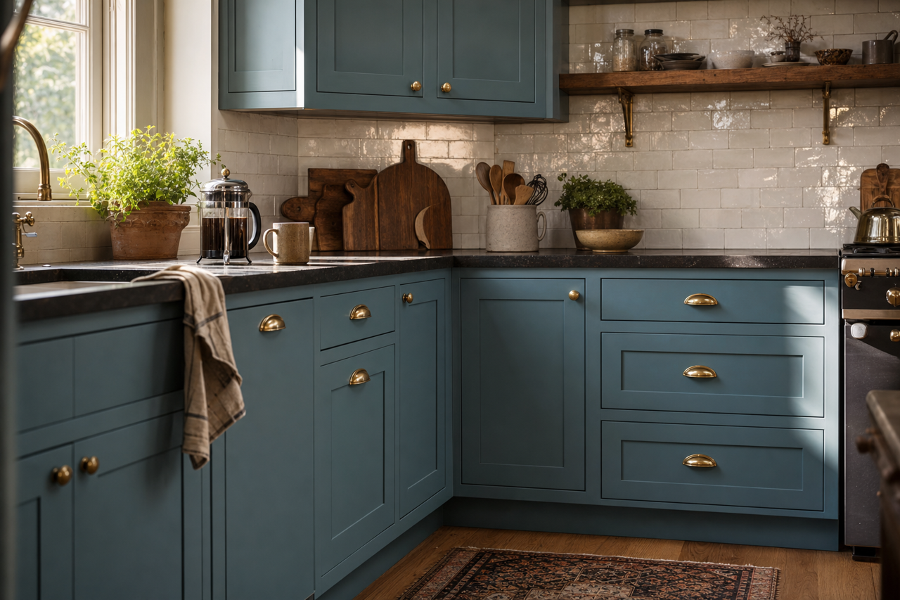Azurite by Benjamin Moore on cabinets