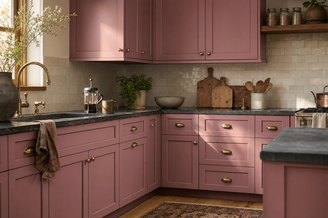 Rose Brocade by Sherwin-Williams on cabinets