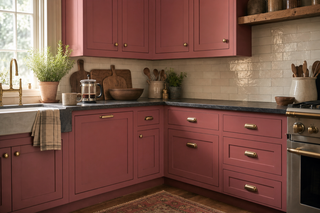 Toile Red by Sherwin-Williams on cabinets