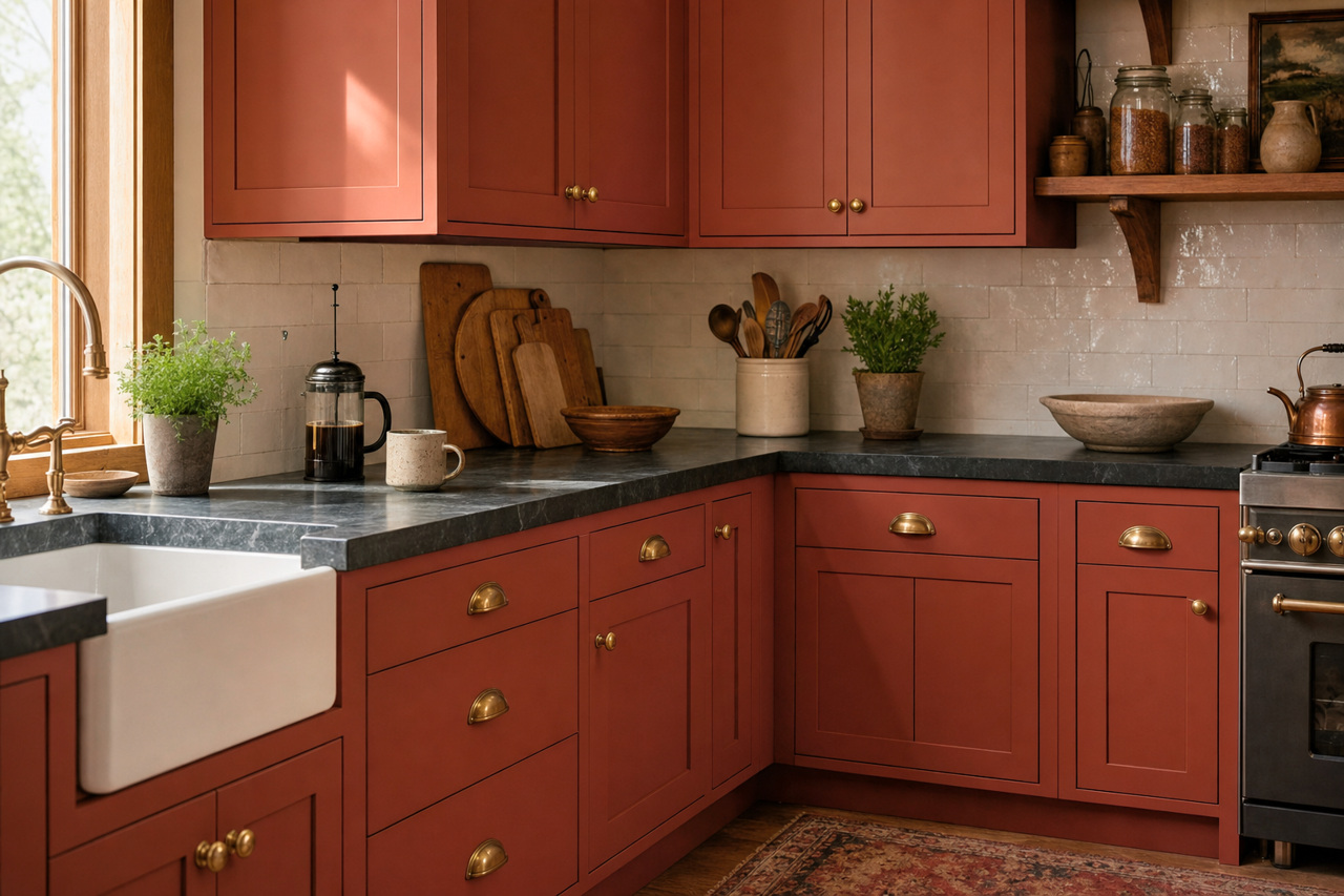 Cajun Red by Sherwin-Williams on cabinets