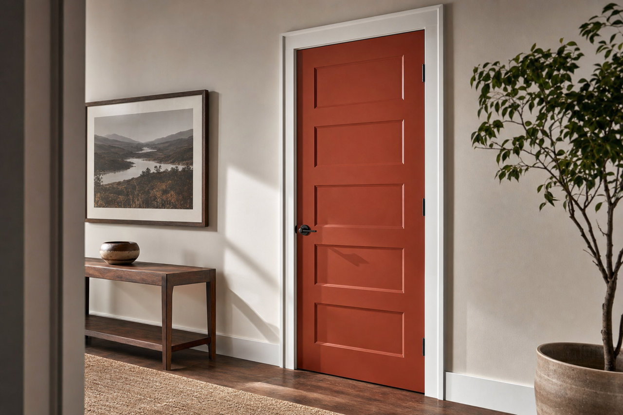 Cajun Red by Sherwin-Williams on interior-doors