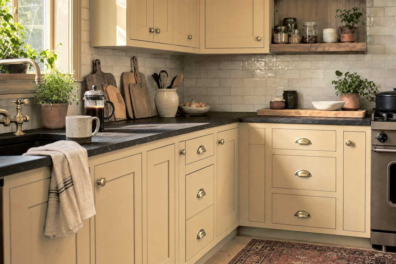 Crewel Tan by Sherwin-Williams on cabinets