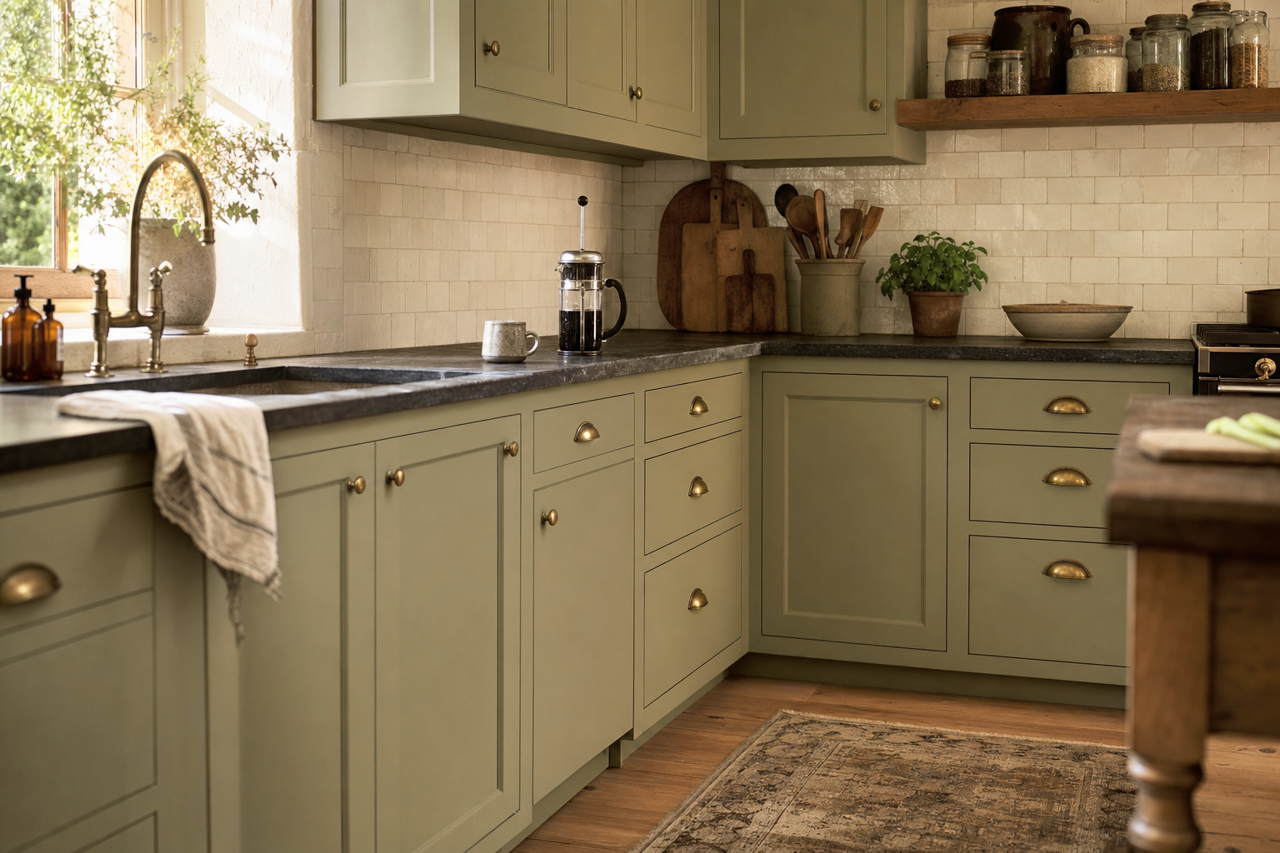 Sheraton Sage by Sherwin-Williams on cabinets