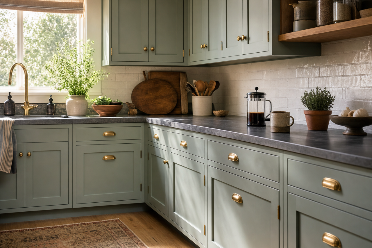 Calico by Sherwin-Williams on cabinets