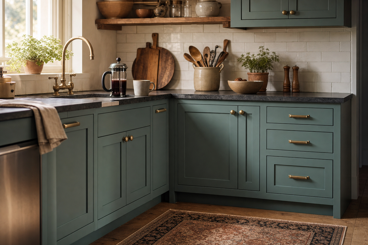Teal Stencil by Sherwin-Williams on cabinets