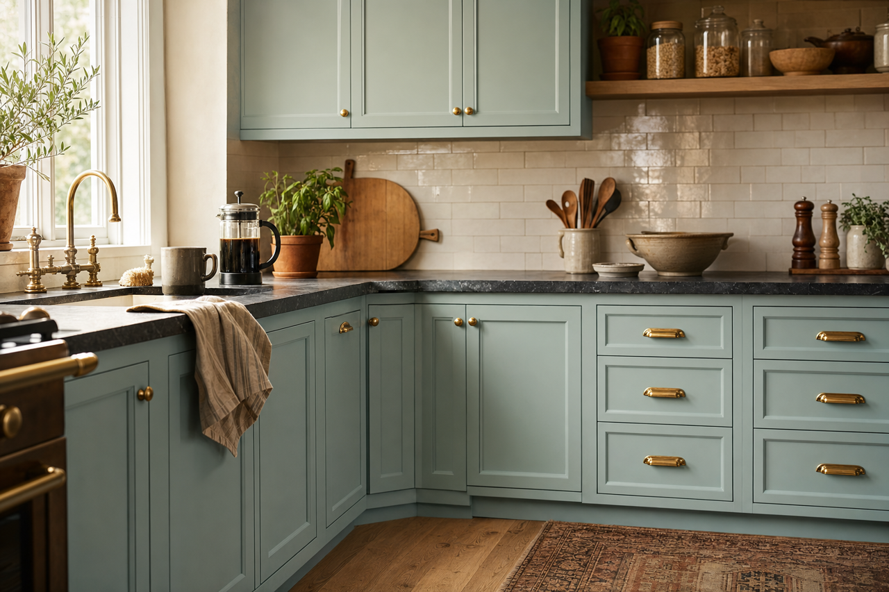 Festoon Aqua by Sherwin-Williams on cabinets