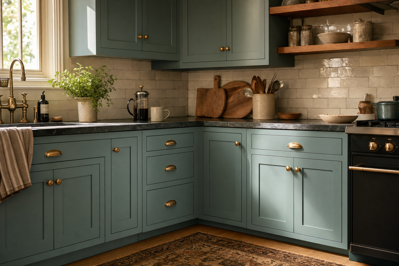 Peacock Plume by Sherwin-Williams on cabinets