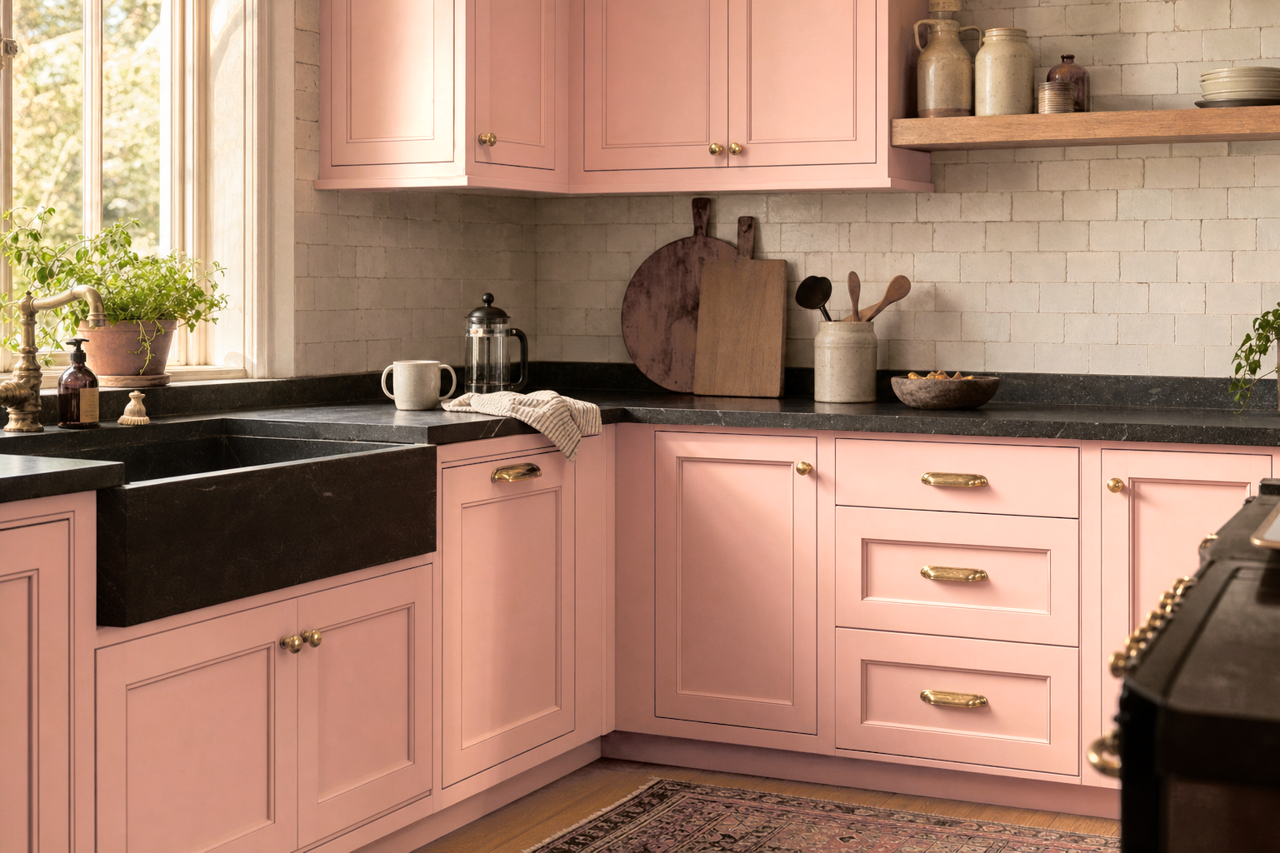 Rachel Pink by Sherwin-Williams on cabinets