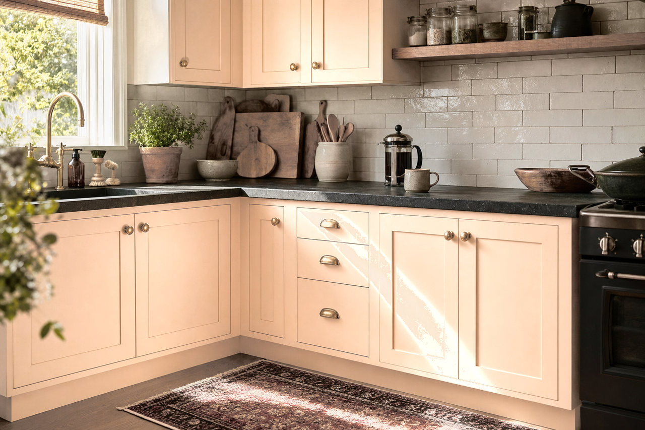 Aristocrat Peach by Sherwin-Williams on cabinets