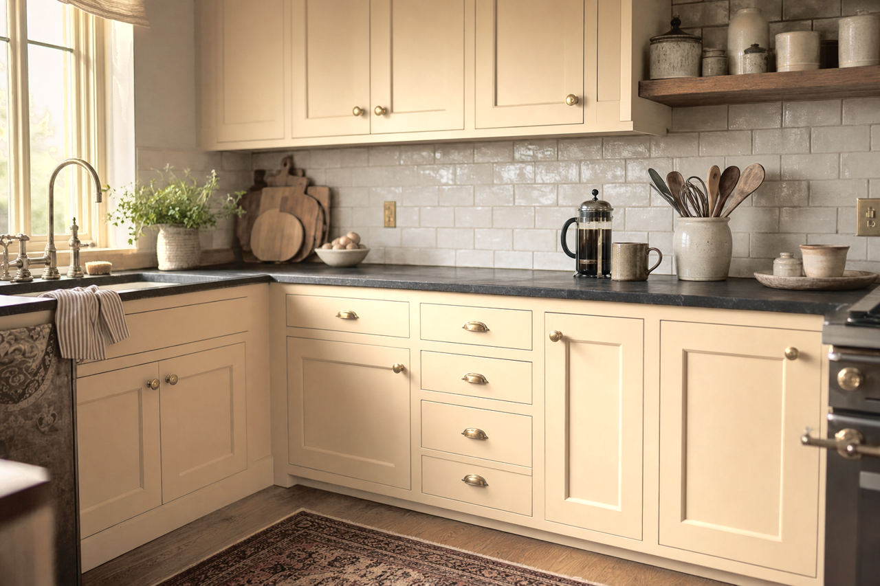 Buckram Binding by Sherwin-Williams on cabinets