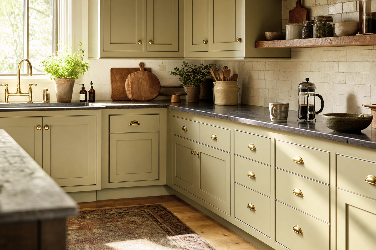 Ruskin Room Green by Sherwin-Williams on cabinets