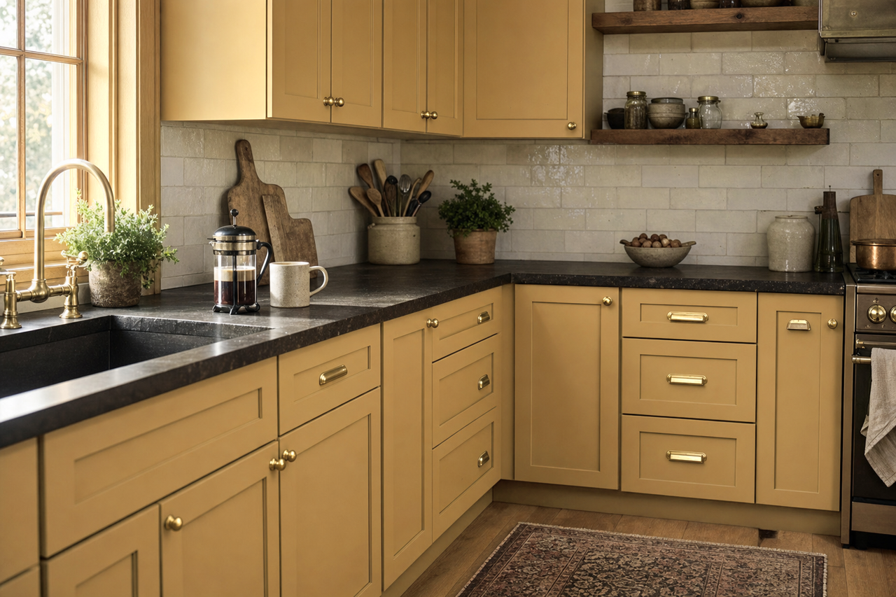 Peristyle Brass by Sherwin-Williams on cabinets