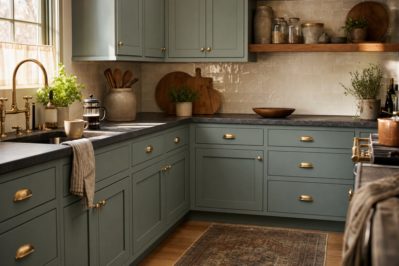 Studio Blue Green by Sherwin-Williams on cabinets