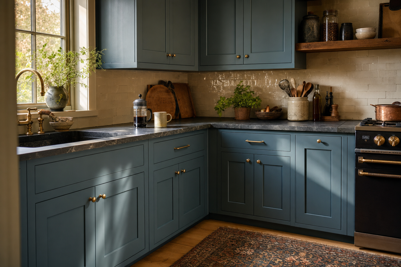 Bunglehouse Blue by Sherwin-Williams on cabinets