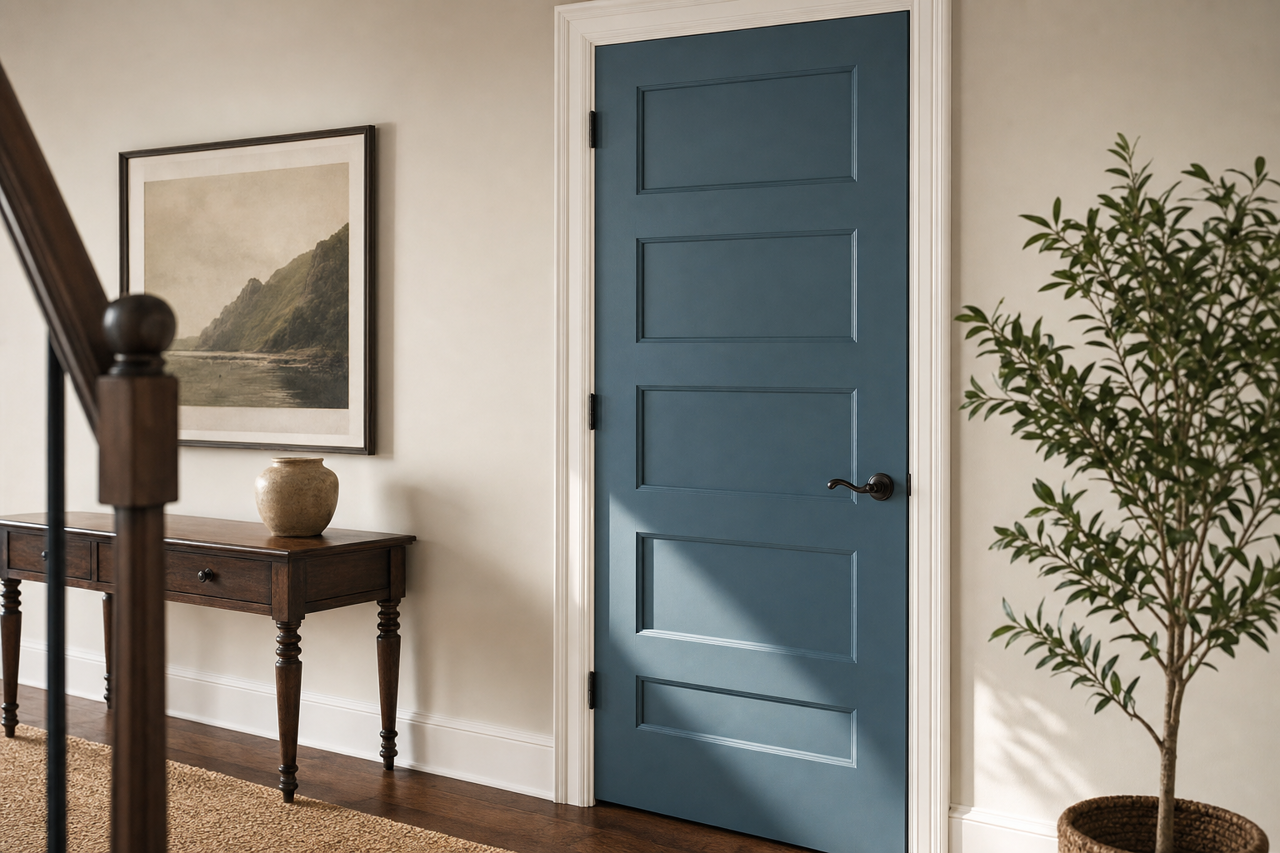 Bunglehouse Blue by Sherwin-Williams on interior-doors