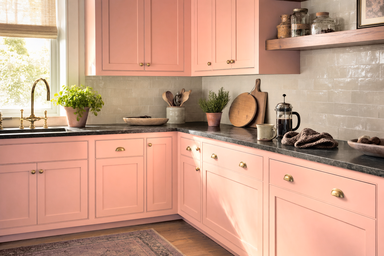 Jazz Age Coral by Sherwin-Williams on cabinets