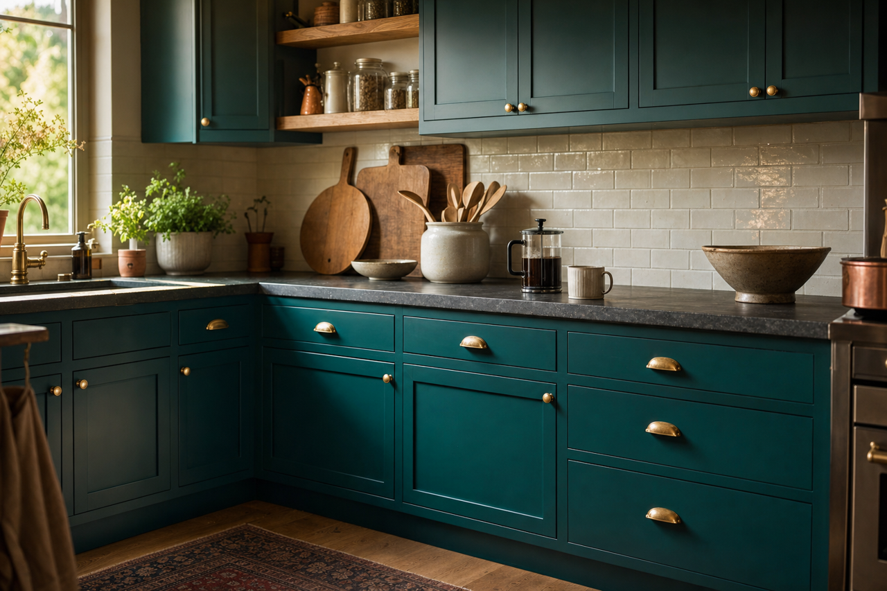 Blue Peacock by Sherwin-Williams on cabinets